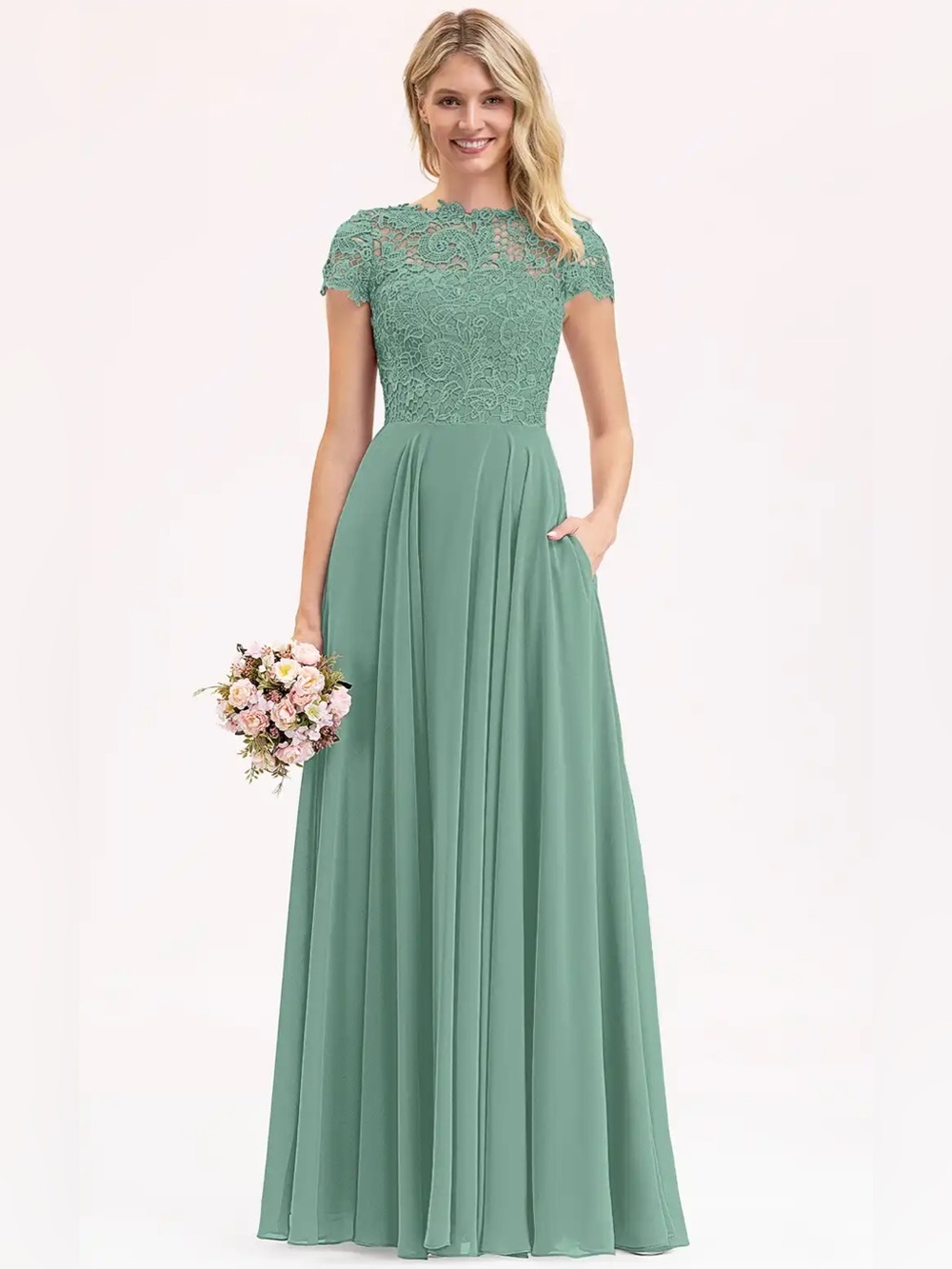 NWT JJs House Estelle A Line Lace Maxi Bridesmaid Dress Eucalyptus Green Size 8